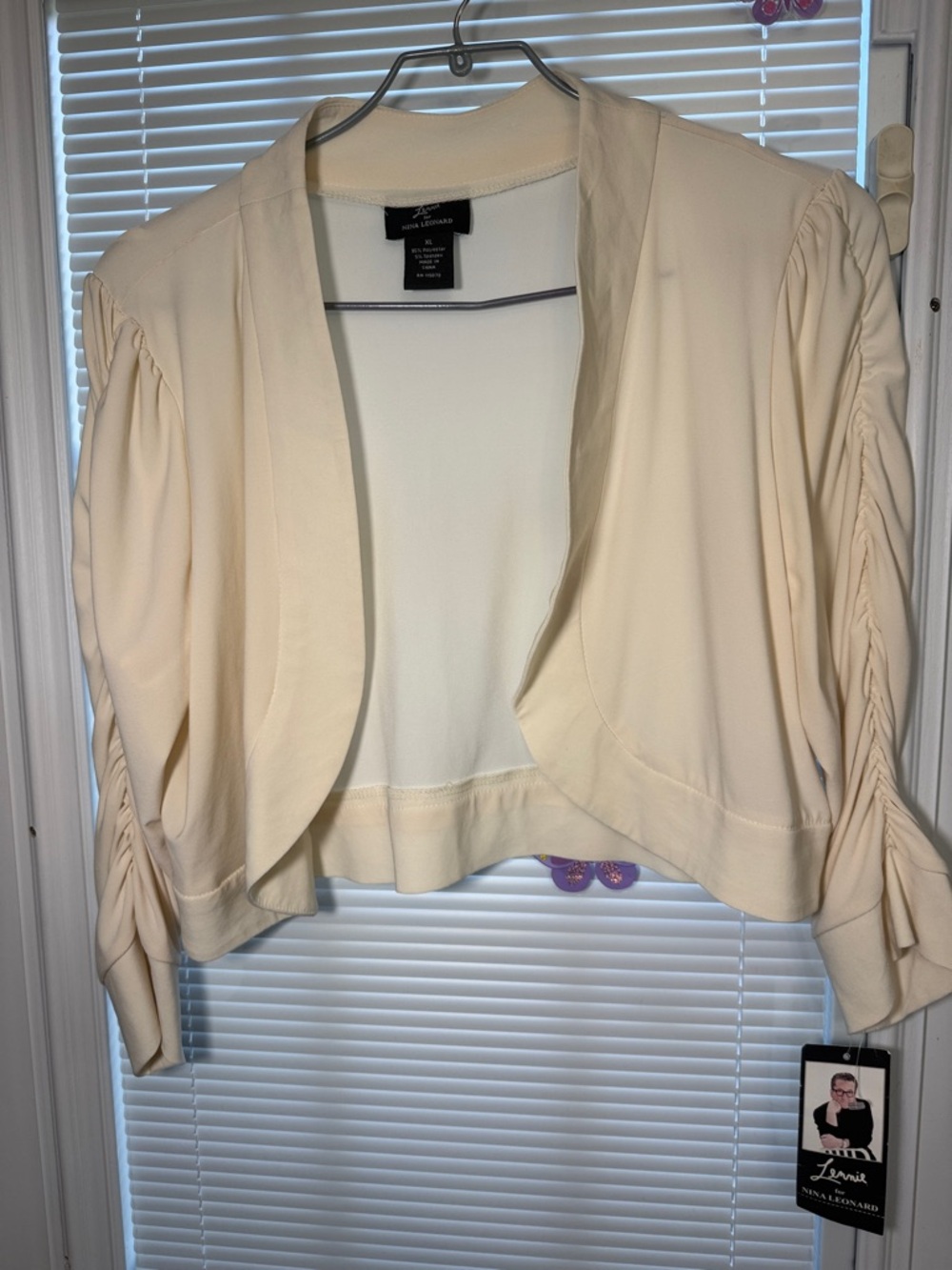 Nina Leonard Cream Ruched Sleeve Open Front Cropped Jacket